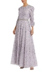 Mac Duggal Floral Applique Puff Sleeve High Neck A-line Gown In Gray