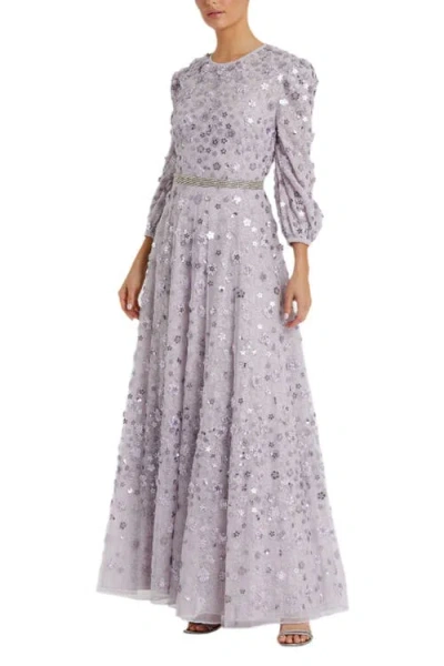 Mac Duggal Floral Applique Puff Sleeve High Neck A-line Gown