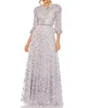 Mac Duggal Floral Applique Puff Sleeve High Neck A-line Gown In Silver