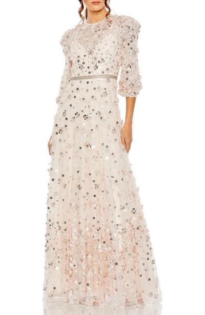 MAC DUGGAL MAC DUGGAL FLORAL APPLIQUE PUFF SLEEVE HIGH NECK A-LINE GOWN