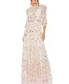 Mac Duggal Floral Applique Puff Sleeve High Neck A-line Gown In Blush