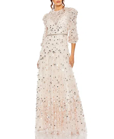 MAC DUGGAL FLORAL APPLIQUE PUFF SLEEVE HIGH NECK A-LINE GOWN
