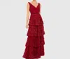 Mac Duggal Floral Applique Ruffled Tiered Sleeveless V Neck Gown In Red