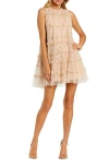 Mac Duggal Sleeveless High Neck Beaded Ruffle Trapeze Dress In Pink Multi
