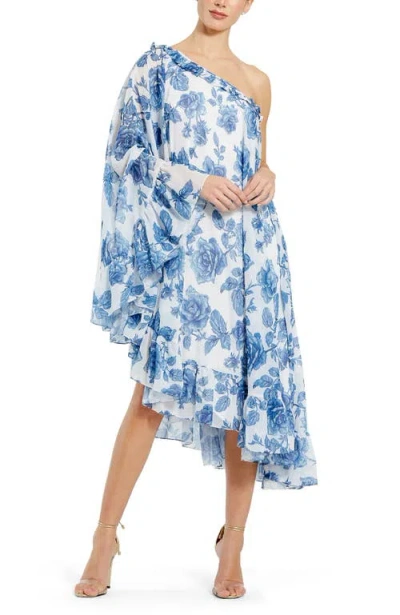 Mac Duggal Floral Asymmetrical One-shoulder Dress With Cape Sleeve In Multi
