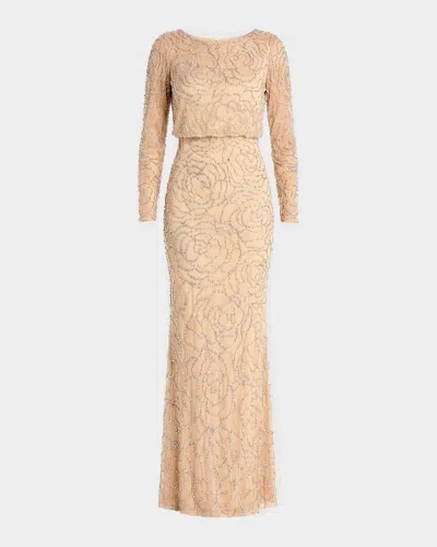 Mac Duggal Floral Beaded Blouson Column Gown In Neutral