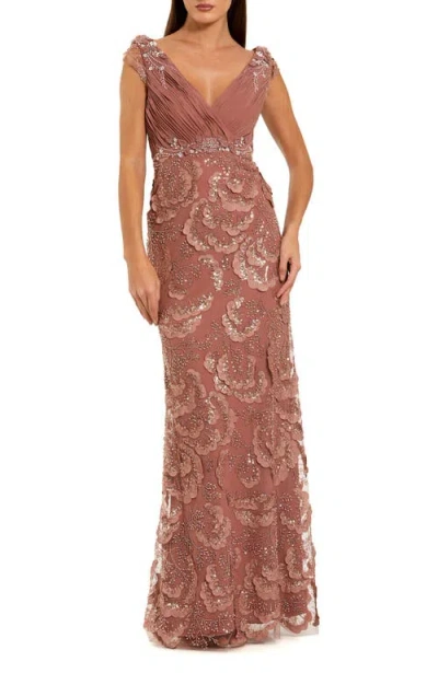 Mac Duggal Floral Beaded Chiffon V-neck Formal Gown In Pink