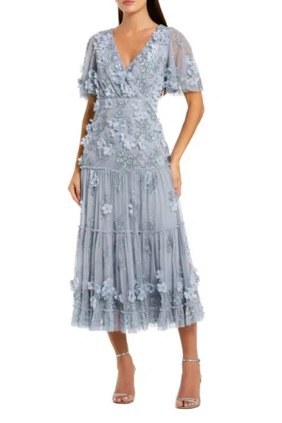 Mac Duggal Floral Beaded Embellished Flutter Sleeve Tiered Dress In Blue