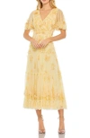 Mac Duggal Floral Beaded Embellished Flutter Sleeve Tiered Dress In Butter