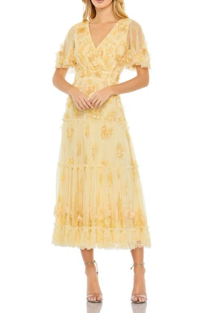 Mac Duggal Floral Beaded Embellished Flutter Sleeve Tiered Dress In Butter