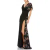 Mac Duggal Floral Beaded Flutter Sleeves Chiffon V Neck Faux Wrap Dress In Black Multi