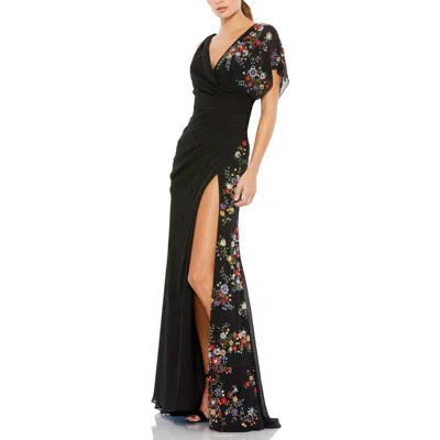 MAC DUGGAL MAC DUGGAL FLORAL BEADED FLUTTER SLEEVES CHIFFON V NECK FAUX WRAP DRESS