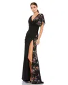 Mac Duggal Floral Beaded Flutter Sleeves Chiffon V Neck Faux Wrap Dress In Multi