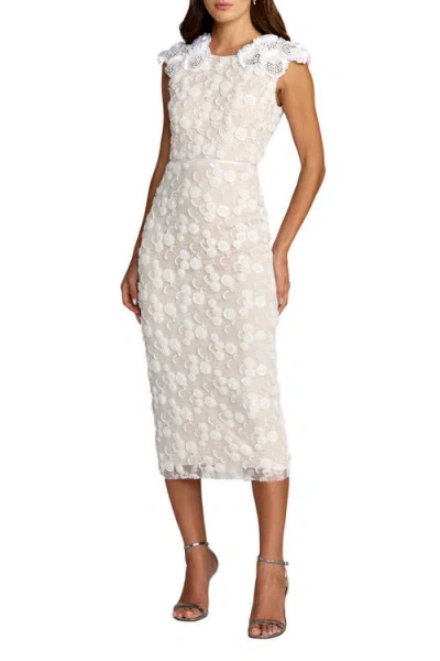 Mac Duggal Floral Beaded Lace Sleeveless Fitted Midi Dress In White