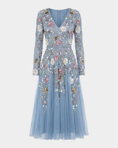 Mac Duggal Floral Beaded Mesh Midi Dress In Blue