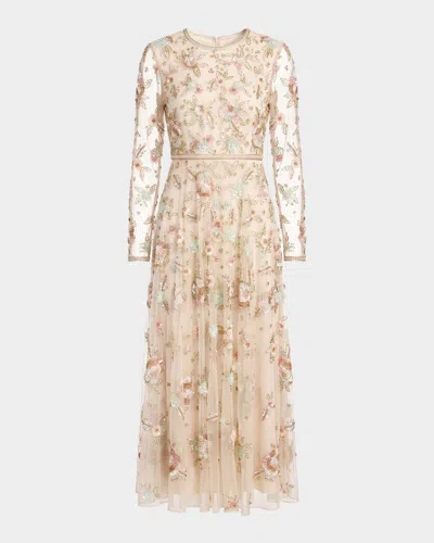 Mac Duggal Floral Embellished Long Sleeve Mesh Midi Dress In Neutral
