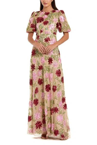 MAC DUGGAL MAC DUGGAL FLORAL EMBROIDERED MESH GOWN WITH STATEMENT SLEEVES