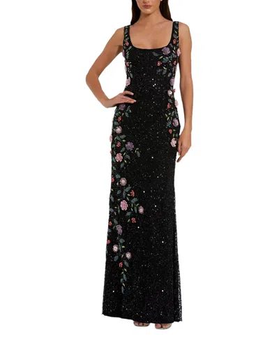 Mac Duggal Floral Beaded Mesh Scoop Neck Sleeveless Gown In Black Multi