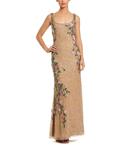 Mac Duggal Floral Beaded Mesh Scoop Neck Sleeveless Gown In Brown