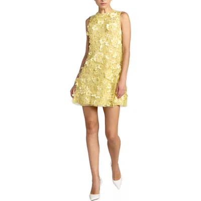 Mac Duggal Floral Beaded Mesh Sleeveless Trapeze Mini Dress In Yellow