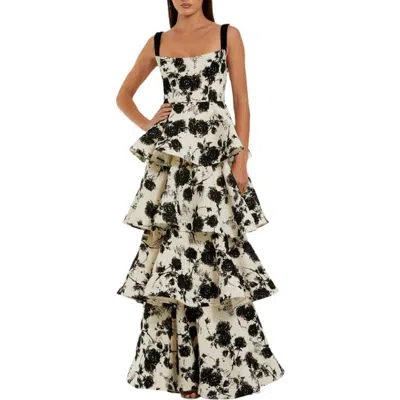 Mac Duggal Floral Boucle Tiered Gown With Velvet Straps In Multi