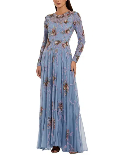 Mac Duggal Floral Bow Beaded Long Sleeve Gown In Blue