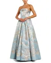 Mac Duggal Floral Brocade A Line Gown In Blue