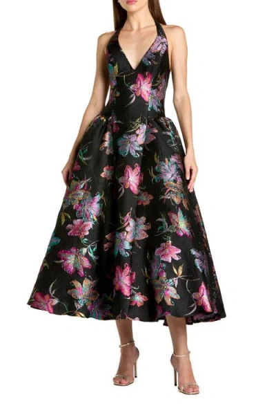 Mac Duggal Floral Brocade Halter Neck Open Back Midi Dress In Black