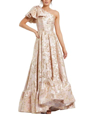 Mac Duggal Floral Brocade One Shoulder High Low Gown With Bow In Pink Multi