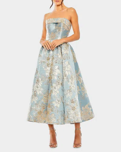 Mac Duggal Strapless Brocade Midi Dress With Pockets In Blue Multi