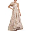 Mac Duggal Floral Brocade One Shoulder High Low Gown With Bow In Neutral