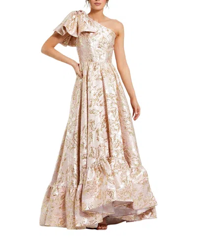 MAC DUGGAL FLORAL BROCADE ONE SHOULDER HIGH LOW GOWN WITH BOW