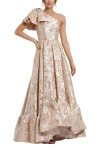 Mac Duggal Floral Brocade One Shoulder High Low Gown With Bow In Pink Multi