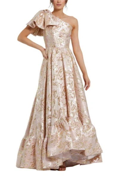 Mac Duggal Floral Brocade One Shoulder High Low Gown With Bow In Pink Multi