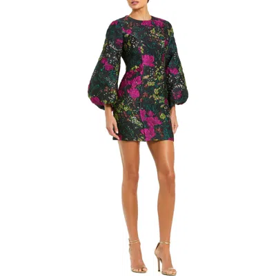 Mac Duggal Floral Brocade Puff Sleeve Fitted Mini Dress In Black Multi