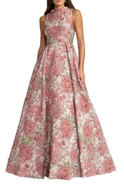 Mac Duggal Floral Brocade Sleeveless Ball Gown With V-back In Multi