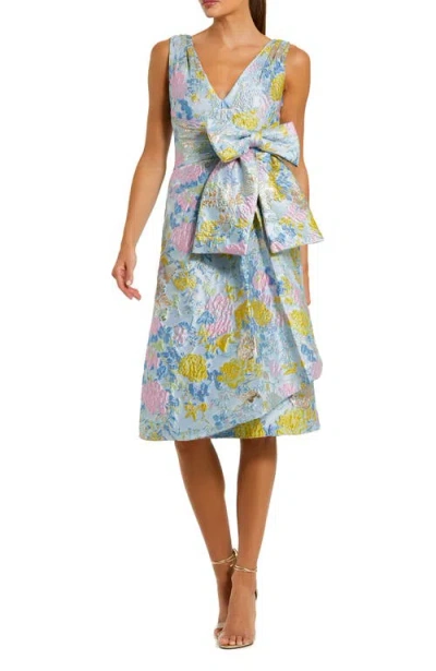 Mac Duggal Floral Brocade Sleeveless Statement Bow Midi Dress In Multi