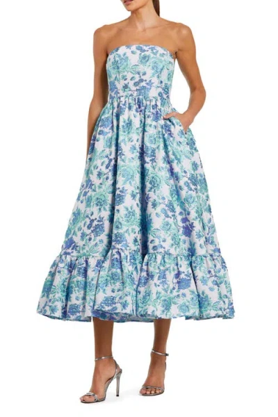 Mac Duggal Floral Brocade Strapless A Line Midi Dress In Blue