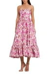 Mac Duggal Strapless Brocade Midi Dress In Pink Multi