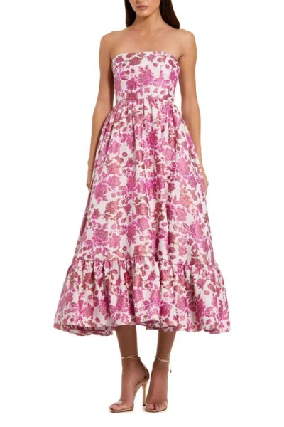 MAC DUGGAL MAC DUGGAL FLORAL BROCADE STRAPLESS A LINE MIDI DRESS