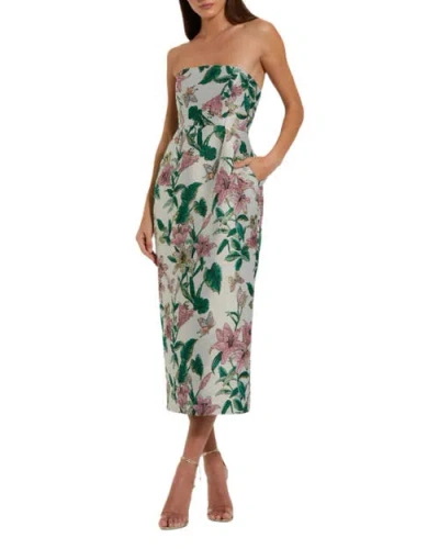 Mac Duggal Floral Brocade Strapless Fitted Midi Dress In Green