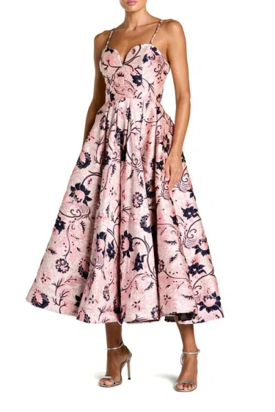 Mac Duggal Floral Brocade Sweetheart Neck A-line Midi Dress In Pink