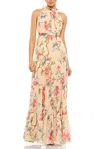 Mac Duggal Floral Button High Neck Maxi Dress In Beige