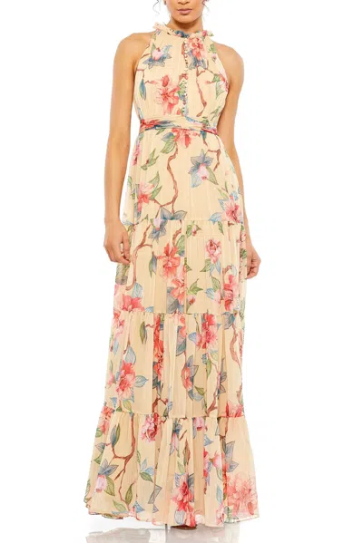 Mac Duggal Floral Button High Neck Maxi Dress In Nude Multi
