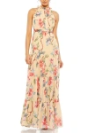 Mac Duggal Floral Button High Neck Maxi Dress In Neutral