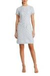 Mac Duggal Floral Buttons And Pearl Detailing Boucle Shift Dress In Blue Multi