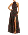 Mac Duggal Black Floral Chiffon 3d Flower High Neck Evening Gown In Green