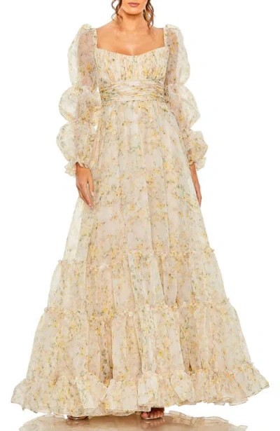 MAC DUGGAL MAC DUGGAL FLORAL CHIFFON GOWN WITH SWEETHEART NECKLINE, PUFF SLEEVES & RUFFLE TIERED SKIRT