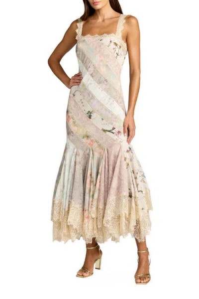 Mac Duggal Floral Chiffon Midi Dress With Lace Trim In Multi