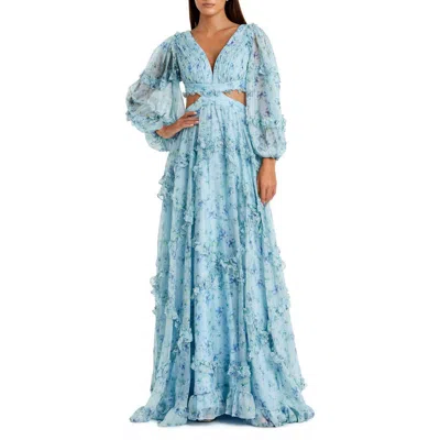 Mac Duggal Floral Chiffon Ruffle Gown With Plunging Neckline & Cutout Back In Powder Blue